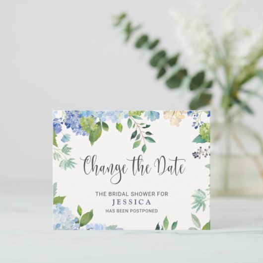 ブライダルシャワー日付の変更ブルーアジサイ ポストカード (スタンド正面)