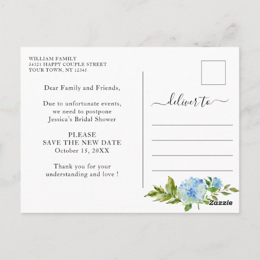 ブライダルシャワー日付の変更ブルーアジサイ ポストカード (裏面)