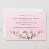 ブライダルシャワー日付の変更赤面ピンクの花 招待状 (裏面)