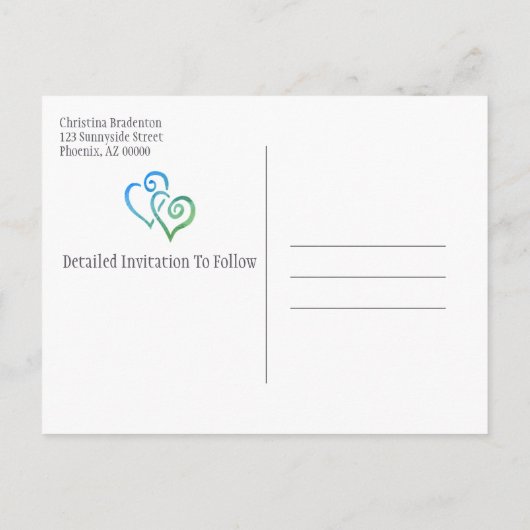 ブライダルシャワー日付を保存する青い緑のハート 案内ポストカード (裏面)