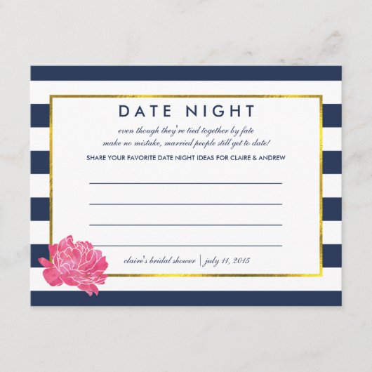 ブライダルシャワー日付ナイトカード |ネイビーストライプ牡丹 アドバイスカード (正面)
