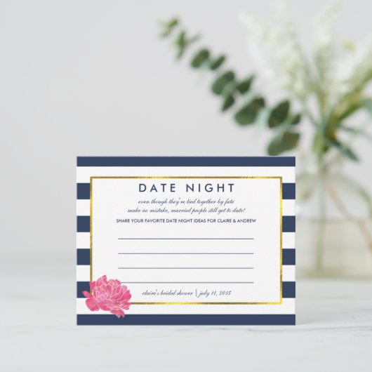 ブライダルシャワー日付ナイトカード |ネイビーストライプ牡丹 アドバイスカード (スタンド正面)