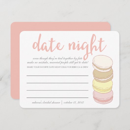 ブライダルシャワー日付ナイトカード |フランスのマカロン アドバイスカード (正面/裏面)