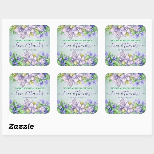 ブライダルシャワー春の結婚式ウォーターカラーヴィオレット スクエアシール (シート)