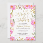 ブライダルシャワー書道ピンクと金ゴールドフローラ 招待状 (正面)