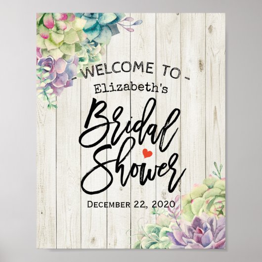 ブライダルシャワー歓迎の多肉植物素朴木材 ポスター (正面)