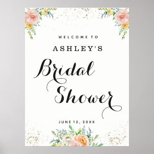 ブライダルシャワー歓迎サインフローラエレガント大 ポスター (正面)