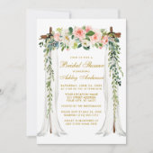 ブライダルシャワー水彩ピンクフローラキャノピー金ゴールド 招待状 (正面)