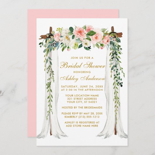 ブライダルシャワー水彩ピンクフローラキャノピー金ゴールド 招待状 (正面/裏面)