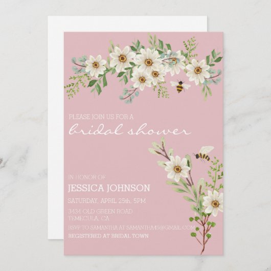 ブライダルシャワー水彩フローラデイジー春Invit 招待状 (正面/裏面)