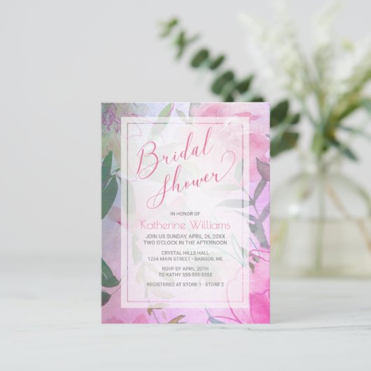 ブライダルシャワー水彩フローラピンクパープル牡丹 インビテーションポストカード (スタンド正面)