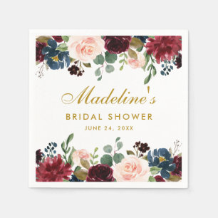 ブライダルシャワー水彩フローラブルガンディーブルー金ゴールド スタンダードカクテルナプキン