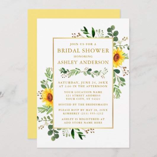 ブライダルシャワー水彩緑のヒマワリ金ゴールド 招待状 (正面/裏面)