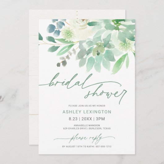 ブライダルシャワー水色多肉植物 招待状 (正面/裏面)