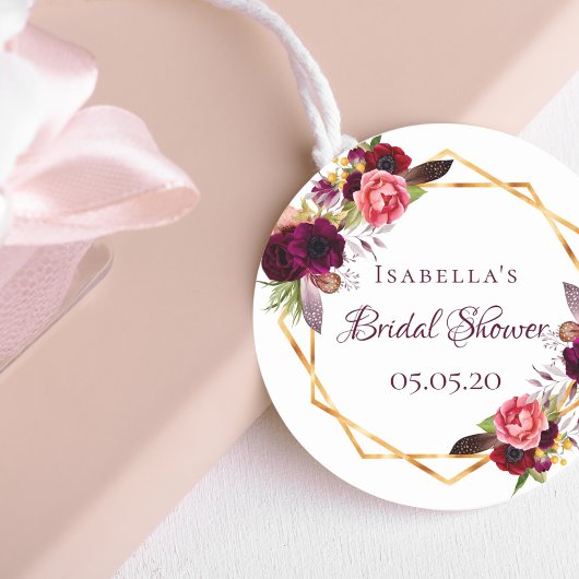 ブライダルシャワー水色花模様ブルゴーニュ金ゴールド ラウンドシール