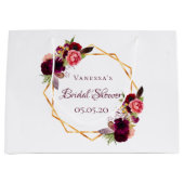 ブライダルシャワー水色花模様ブルゴーニュ金ゴールド ラージペーパーバッグ (正面)