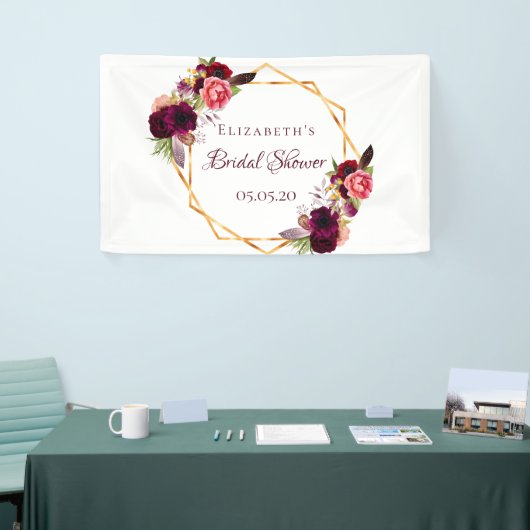 ブライダルシャワー水色花模様ブルゴーニュ金ゴールド 横断幕 (トレードショー)
