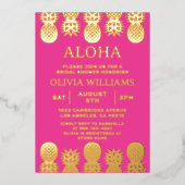 ブライダルシャワー熱帯パイナップルルアウ（ハワイ式宴会）ピンク 箔招待状 (正面)