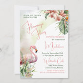 ブライダルシャワー熱帯水色フラミンゴフライ 招待状 (正面)