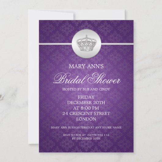 ブライダルシャワー王室のクラウンパープル 招待状 (裏面)