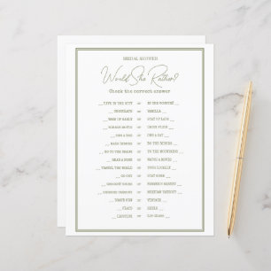 ブライダルシャワー用の紙のゲームシート。