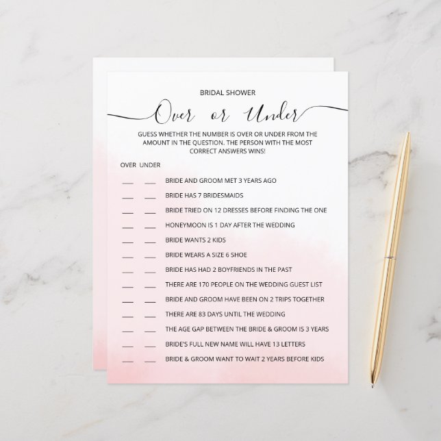 ブライダルシャワー用の紙のゲームシート。 (正面/裏面インサイチュ)