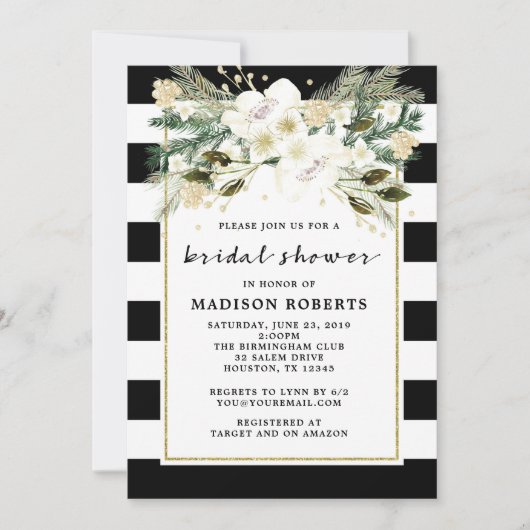 ブライダルシャワー白と黒のストライプ花 招待状 (正面)