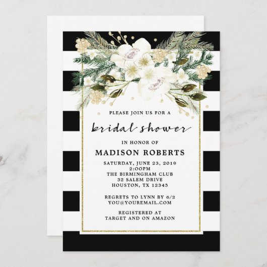 ブライダルシャワー白と黒のストライプ花 招待状 (正面/裏面)