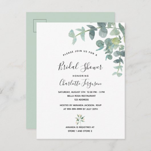 ブライダルシャワー白ユーカリエレガント緑 ポストカード (正面/裏面)