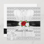 ブライダルシャワー白黒コルセットレッドローゼフラワー 招待状 (正面/裏面)