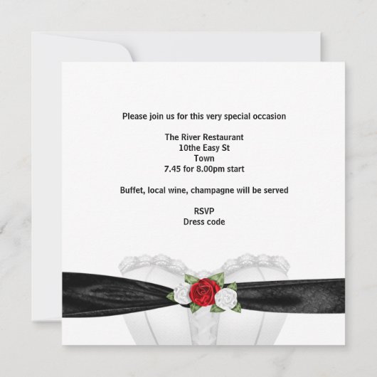 ブライダルシャワー白黒コルセットレッドローゼフラワー 招待状 (裏面)