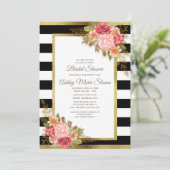 ブライダルシャワー白黒ストライプピンクフローラ金ゴールド 招待状 (スタンド正面)