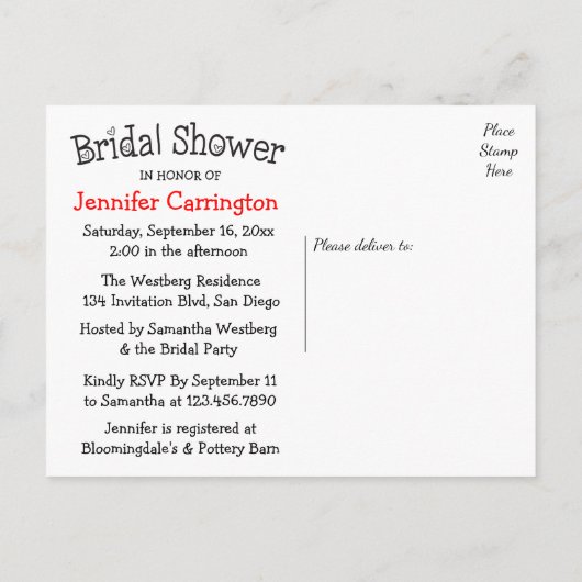 ブライダルシャワー白黒ハート招待状 インビテーションポストカード (裏面)