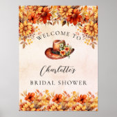 ブライダルシャワー秋オレンジ花模様女性のカーボーイ歓迎 ポスター (正面)
