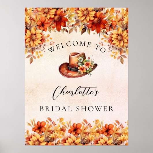 ブライダルシャワー秋オレンジ花模様女性のカーボーイ歓迎 ポスター (正面)