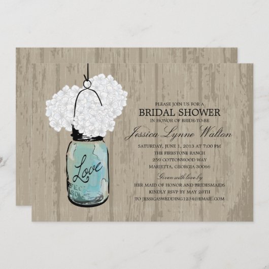 ブライダルシャワー素朴ウッドメイソンジャールアジサイ 招待状 (正面/裏面)