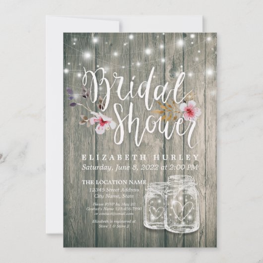 ブライダルシャワー素朴ウッドメイソンジャールストリングライト 招待状 (正面)