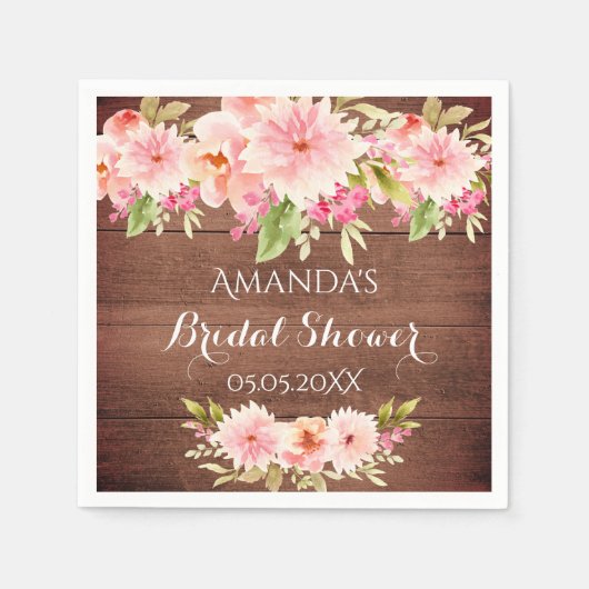 ブライダルシャワー素朴サンゴ青花ブラウン スタンダードカクテルナプキン (正面)