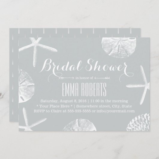 ブライダルシャワー素朴シルバービーチシーシェル 招待状 (正面/裏面)