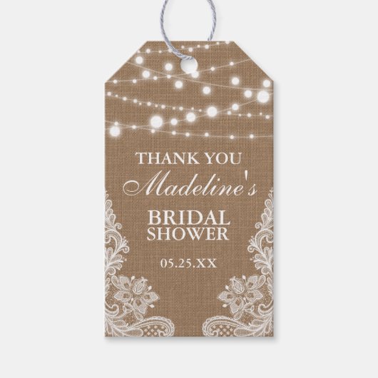 ブライダルシャワー素朴バーラップライツレースサンキュー ギフトタグ (正面)