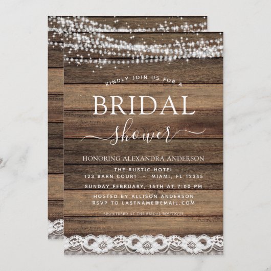 ブライダルシャワー素朴ファームハウスストリングライツレース 招待状 (正面/裏面)