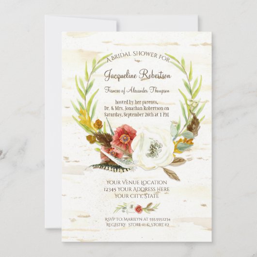 ブライダルシャワー素朴リースボホフェザー樺の木 招待状 (正面)