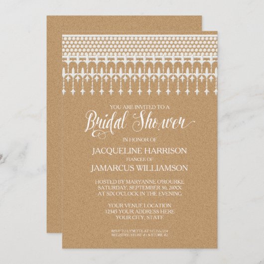 ブライダルシャワー素朴ヴィンテージレースタイポグラフィ 招待状 (正面/裏面)