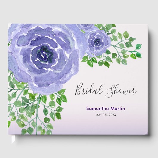 ブライダルシャワー紫色の花と緑の水彩 ゲストブック (正面)