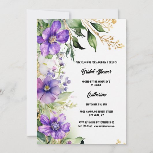 ブライダルシャワー紫色の野花サマーフローラ 招待状 (正面)