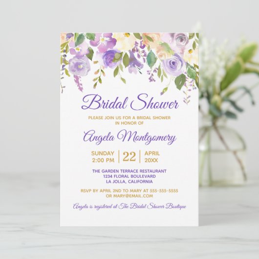 ブライダルシャワー紫金ゴールド水彩フローラ 招待状 (スタンド正面)