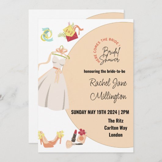 ブライダルシャワー結婚のドレス、靴、口紅。編集 招待状 (正面/裏面)