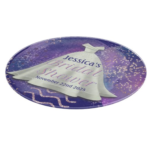 ブライダルシャワー結婚ズガウンパープル&バラ金ゴールドグラム カッティングボード (角)