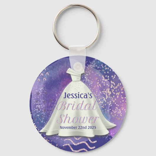ブライダルシャワー結婚ズガウンパープル&バラ金ゴールドグラム キーホルダー (正面)
