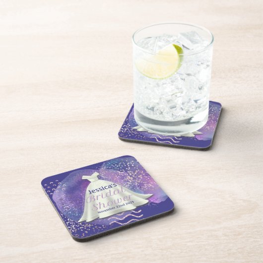 ブライダルシャワー結婚ズガウンパープル&バラ金ゴールドグラム コースター (右側)